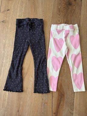 Zara Toddler Pink Heart Knit Leggings + Navy Ribbed Dot Flare Leggings